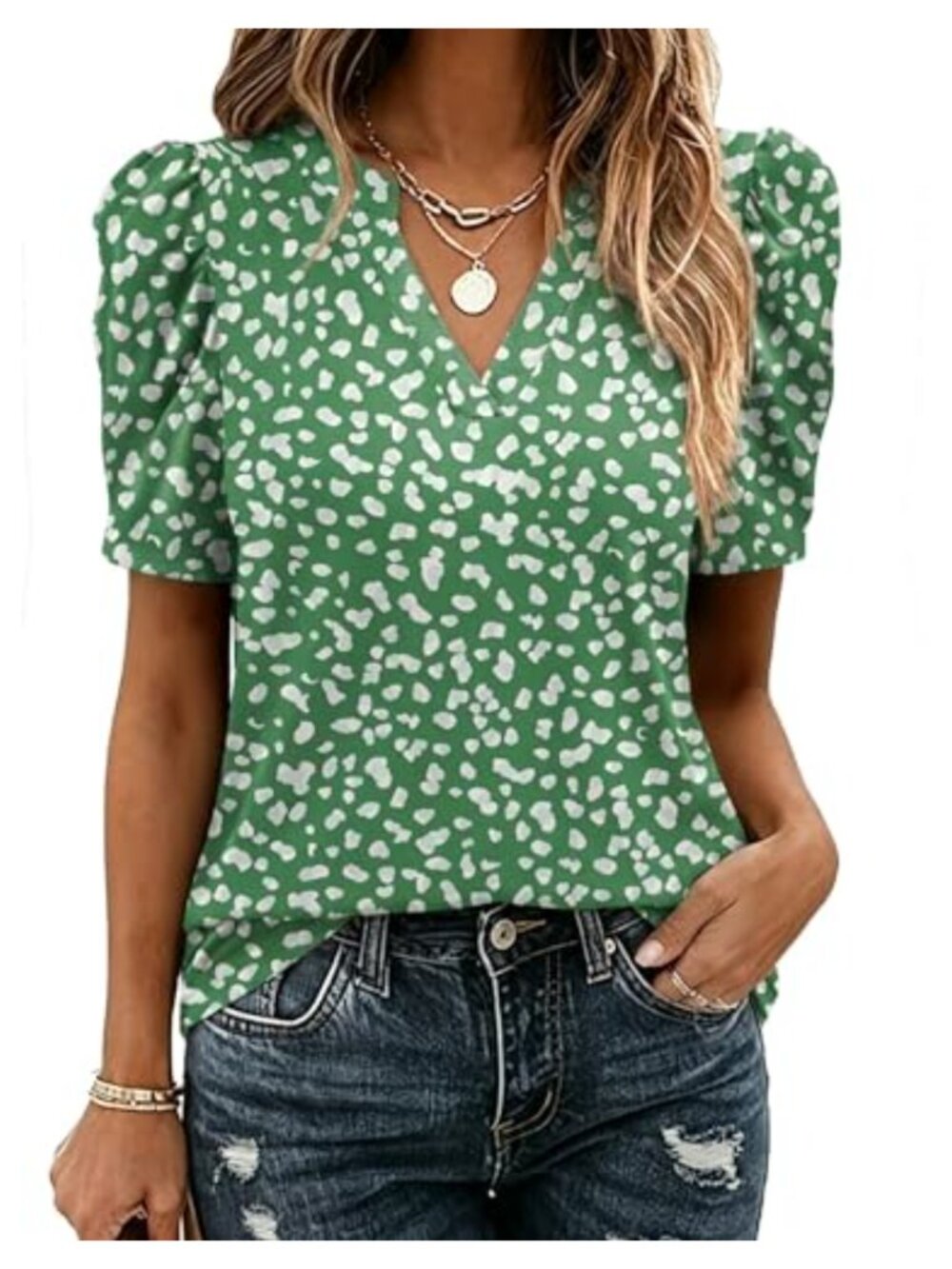 Zeagoo Women Puff Short Sleeve V Neck Blouse Curved Hem Dressy Casual Top